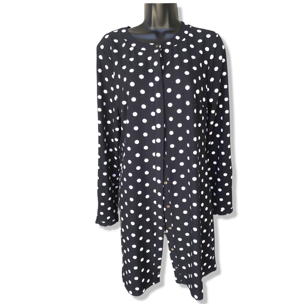Merona Sz M Black/white Polka Dots Hidden 1/2 Button Front Long Sleeve Dress